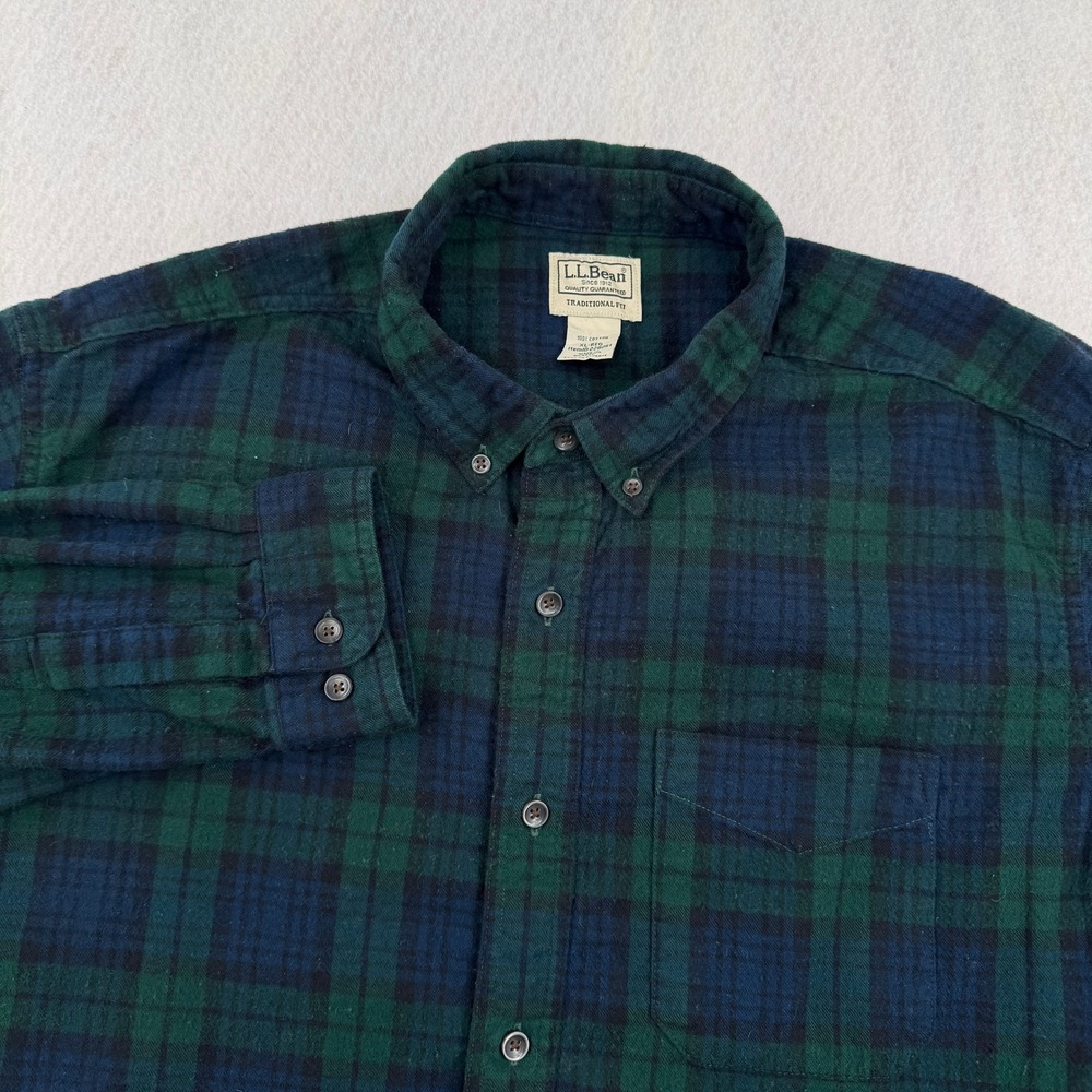 LL Bean Mens XL Cotton Traditional Fit Flannel Green/Blue Plaid Long Sleeve